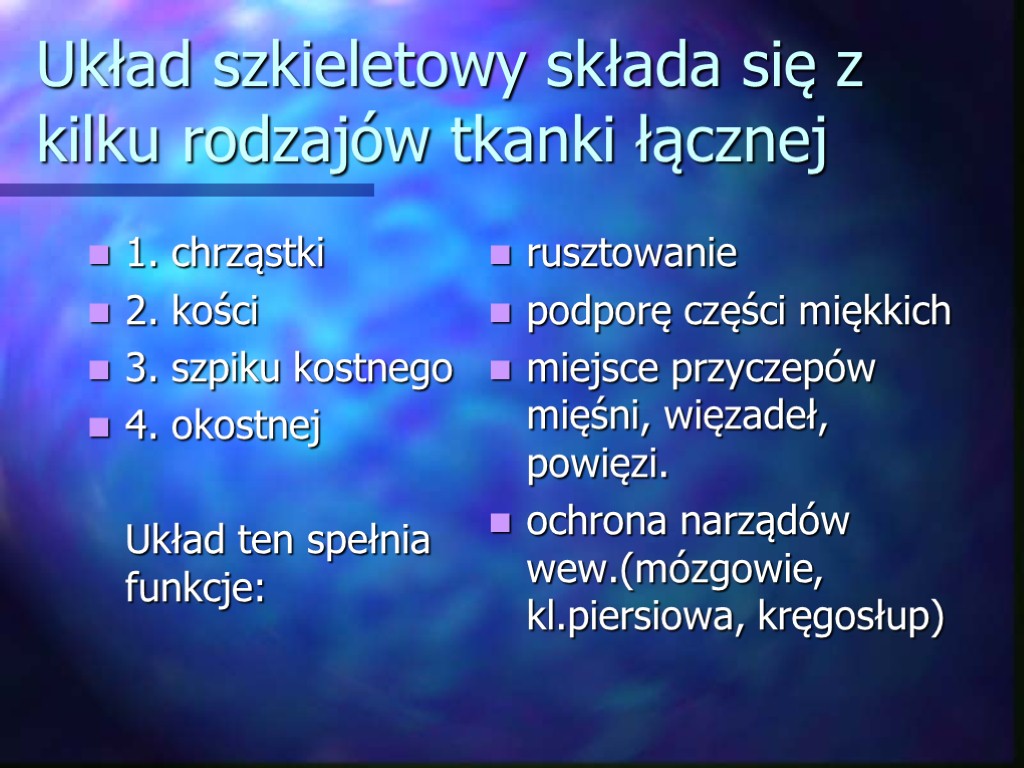 Układ szkieletowy składa się z kilku rodzajów tkanki łącznej 1. chrząstki 2. kości 3.